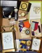 A SELECTION OF ITEMS to include two mantle clocks, four watches, various medals etc