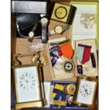 A SELECTION OF ITEMS to include two mantle clocks, four watches, various medals etc