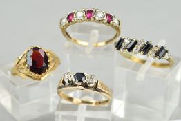 FOUR 9CT GOLD GEM RINGS, to include a sapphire and diamond three stone ring, ring size J1/2, a