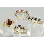 FOUR 9CT GOLD GEM RINGS, to include a sapphire and diamond three stone ring, ring size J1/2, a