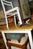 A BEECH TOPPED TABLE and two chairs (3)