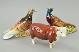 THREE BESWICK ITEMS, Hereford Cow No 1360, Pheasant No 1226B and Pigeon No 1383B (red) (3)