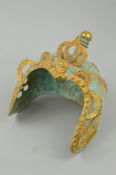 A 20TH CENTURY CAST METAL CHINESE DECORATIVE HELMET, gilt and verdigris finish, height 25cm (under