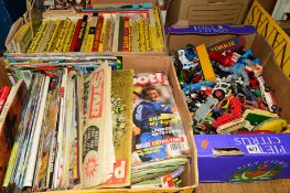 THREE BOXES OF SUNDRIES, to include diecast vehicles, Corgi, Matchbox and Dinky, annual books,