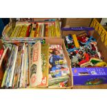 THREE BOXES OF SUNDRIES, to include diecast vehicles, Corgi, Matchbox and Dinky, annual books,