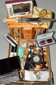 A BOX OF MAINLY COSTUME JEWELLERY, to include a wooden jewellery box designed as a wardrobe, a