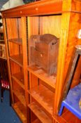 A PAIR OF YEW WOOD DOUBLE OPEN BOOKCASES, approximate size width 122cm x depth 31cm x height 184cm