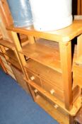 A PINE HALL TABLE with two drawers, a pine coffee table, an open bookcase, an occasional table and