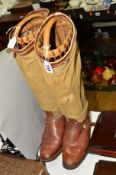 A PAIR OF EARLY 20TH CENTURY HARRY HALL BROWN LEATHER AND KHAKI CANVAS BOOTS, with wicker boot