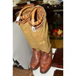 A PAIR OF EARLY 20TH CENTURY HARRY HALL BROWN LEATHER AND KHAKI CANVAS BOOTS, with wicker boot