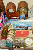 AN OAK CASED DOME TOP MANTEL CLOCK, a mahogany and inlaid clock case, a box of clocks and clock