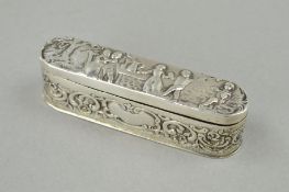 A LATE 19TH CENTURY GERMAN 800 STANDARD SILVER DRESSING TABLE BOX, the cover embossed with scene