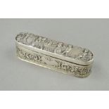 A LATE 19TH CENTURY GERMAN 800 STANDARD SILVER DRESSING TABLE BOX, the cover embossed with scene