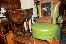 A SMALL OAK DROP LEAF TABLE, a bedroom chair and a dressing mirror