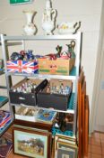 SEVEN BOXES AND LOOSE CERAMICS, PICTURES, SUNDRIES ETC, to include Capodimonte, RAF magazines, horse