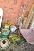 TEN GLAZED GARDEN PLANTERS and three others (two with plants), a quantity of garden tools and a