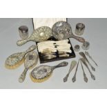 A BOX OF SILVER TOPPED DRESSING TABLE JARS, silver backed and plated dressing table requisites,