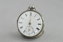 AN EARLY VICTORIAN SILVER POCKET WATCH, the white dial with Roman numeral hour markers and secondary
