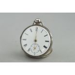 AN EARLY VICTORIAN SILVER POCKET WATCH, the white dial with Roman numeral hour markers and secondary