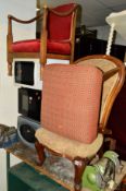 A VICTORIAN SPOONBACK CHAIR, a Georgian armchair, a retro footstool, and an Edwardian armchair and a