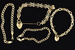 FOUR 9CT GOLD BRACELETS, two designed as flattened cuirb link bracelets, two designed as gate