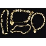 FOUR 9CT GOLD BRACELETS, two designed as flattened cuirb link bracelets, two designed as gate