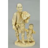 A DISTRESSED EARLY 19TH CENTURY IVORY OKIMONO OF A MAN AND DOG