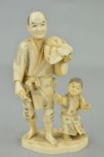 A DISTRESSED EARLY 19TH CENTURY IVORY OKIMONO OF A MAN AND DOG