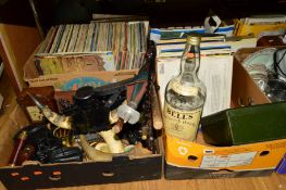 THREE BOXES AND LOOSE SUNDRY ITEMS to include cameras, 10x50 binoculars, a vintage cash box with