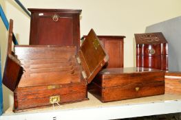 SIX WOODEN BOXES to include a two compartment tea caddy, a mahogany knife box, a stationary box