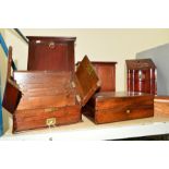 SIX WOODEN BOXES to include a two compartment tea caddy, a mahogany knife box, a stationary box