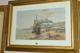 JOHN SYER JNR (1846-1913), a marine interest watercolour painting of a two masted ship and figures