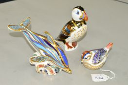 THREE ROYAL CROWN DERBY PAPERWEIGHTS, 'Goldcrest' gold button and two silver button seconds '