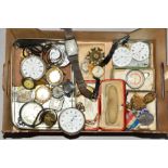 A SMALL BOX OF WATCHES, WATCH PARTS, MEDALS AND BADGES, to include a lady's J W Benson wristwatch