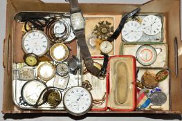 A SMALL BOX OF WATCHES, WATCH PARTS, MEDALS AND BADGES, to include a lady's J W Benson wristwatch