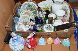 A BOX AND LOOSE CERAMICS, GLASS, etc, to include Royal Doulton 'Hannah' HN3655, 'Fond Farewell'