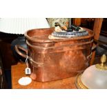 A VICTORIAN COPPER PAN with lid and double handles, lid and base stamped DR