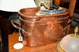 A VICTORIAN COPPER PAN with lid and double handles, lid and base stamped DR