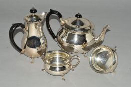 A SILVER PLATED FOUR PIECE TEA SET, of circular form, on cabriole legs (4)