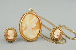 A 9CT GOLD CAMEO PENDANT NECKLACE AND PAIR OF EARRINGS, all of oval outline within a rope twist