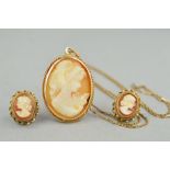 A 9CT GOLD CAMEO PENDANT NECKLACE AND PAIR OF EARRINGS, all of oval outline within a rope twist