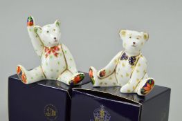 TWO BOXED ROYAL CROWN DERBY MINIATURE TEDDY BEARS, 'Edward' and 'Victoria - waving' (2)
