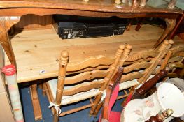 A PINE REFECTORY TABLE, approximate width 183cm x depth 83cm x height 76cm together with six rush