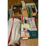 TWO BOXES OF PLAYING CARDS, books about playing bridge, etc and a bag of card games in folders (3)