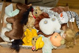 A BOX OF SOFT TOYS, including a Cabbage Patch Kid baby, modern Dean's bear, fur shawl, etc