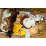 A BOX OF SOFT TOYS, including a Cabbage Patch Kid baby, modern Dean's bear, fur shawl, etc