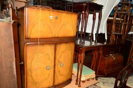 A WALNUT FALL FRONT DRINKS CABINET, two nest of tables, a Singer sewing machine, two corner