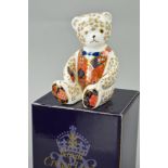 A BOXED ROYAL CROWN DERBY 'TEDDY BEAR' PAPERWEIGHT, gold stopper