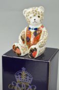 A BOXED ROYAL CROWN DERBY 'TEDDY BEAR' PAPERWEIGHT, gold stopper