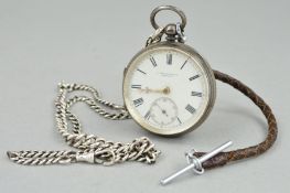 A LATE VICTORIAN SILVER POCKET WATCH AND ALBERT CHAIN, the J Millington pocket watch with white dial